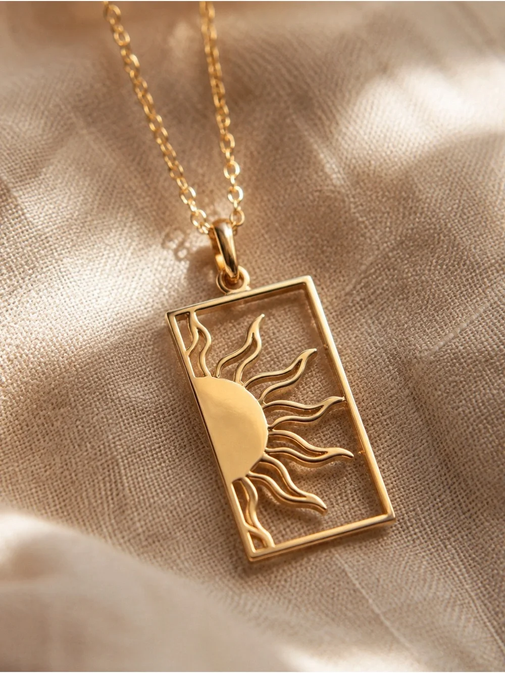 Gold Tone Sun Rectangle Pendant Necklace Celestial Minimalist